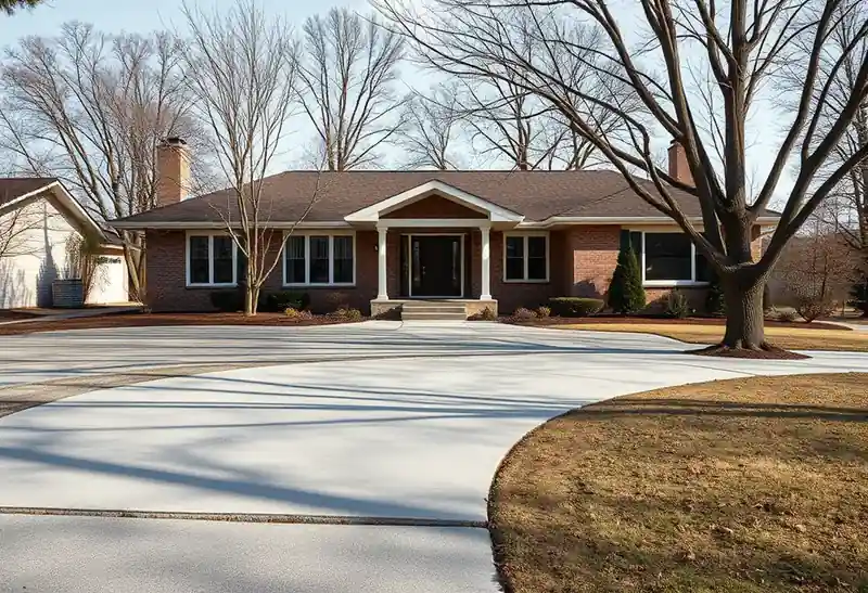 Illustration of poured concrete driveway beside a house in a 1953-era home