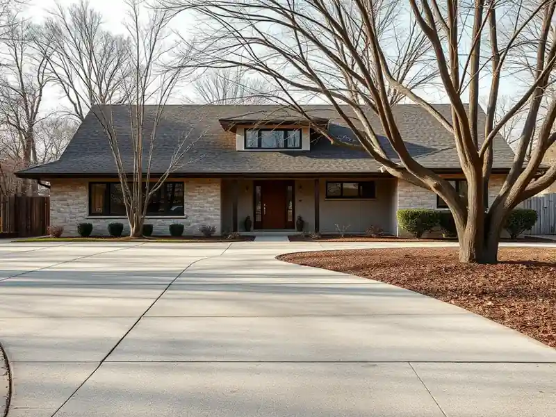 Illustration of close-up of materials and finishes of poured concrete driveway beside a house in a 1953-era home