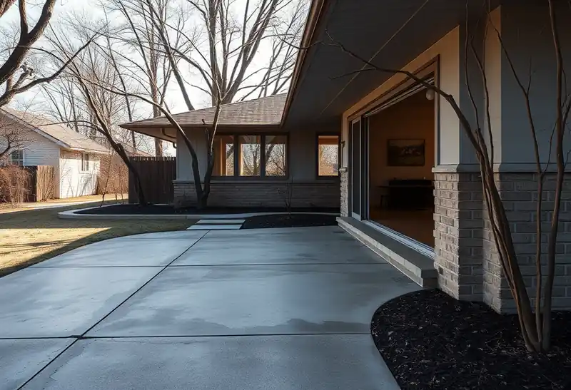 Illustration of poured concrete driveway beside a house in a 1953-era home