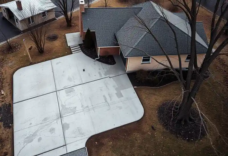 Illustration of poured concrete driveway beside a house in a 1953-era home