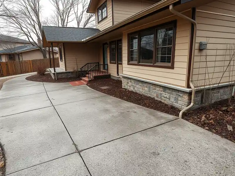 Illustration of close-up of materials and finishes of poured concrete driveway beside a house in a 1953-era home