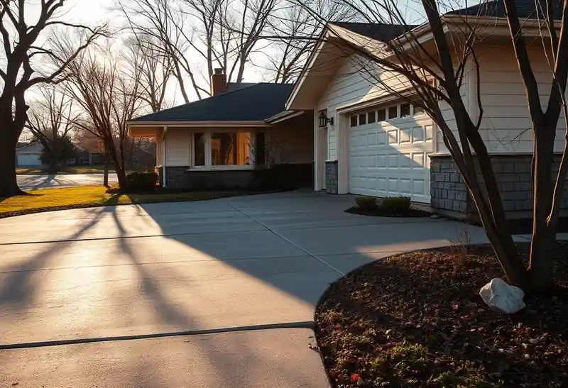 Illustration of poured concrete driveway beside a house in a 1953-era home