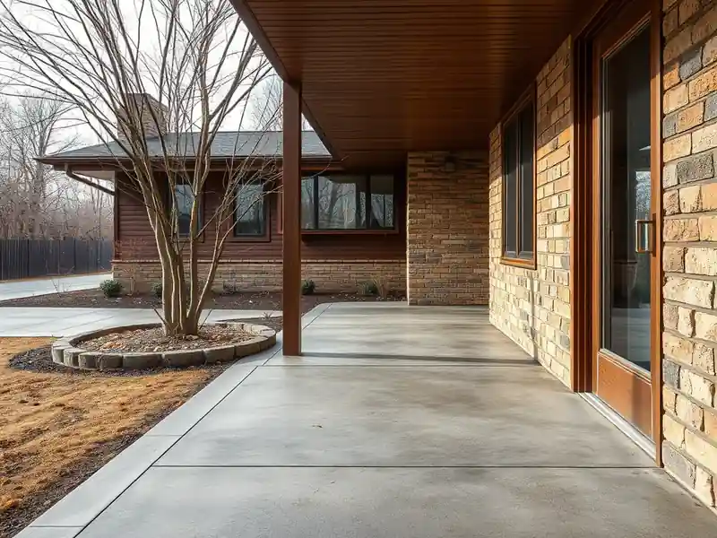 Illustration of close-up of materials and finishes of poured concrete driveway beside a house in a 1953-era home