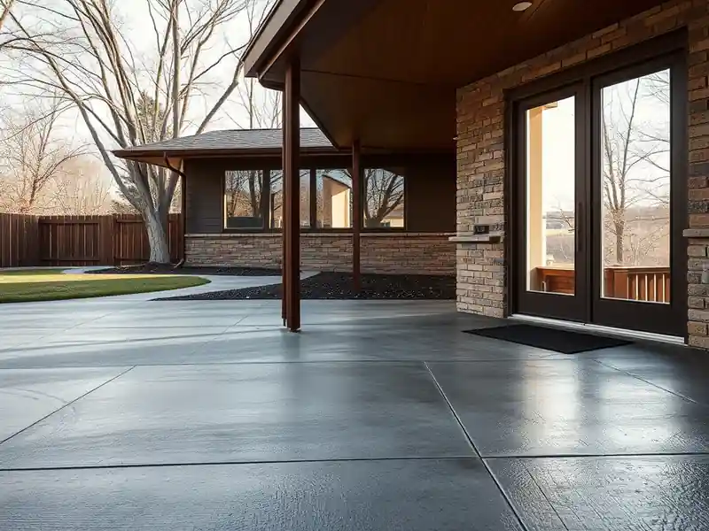 Illustration of close-up of materials and finishes of poured concrete driveway beside a house in a 1953-era home