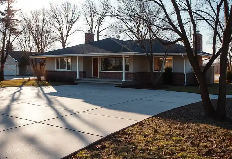 Illustration of poured concrete driveway beside a house in a 1953-era home