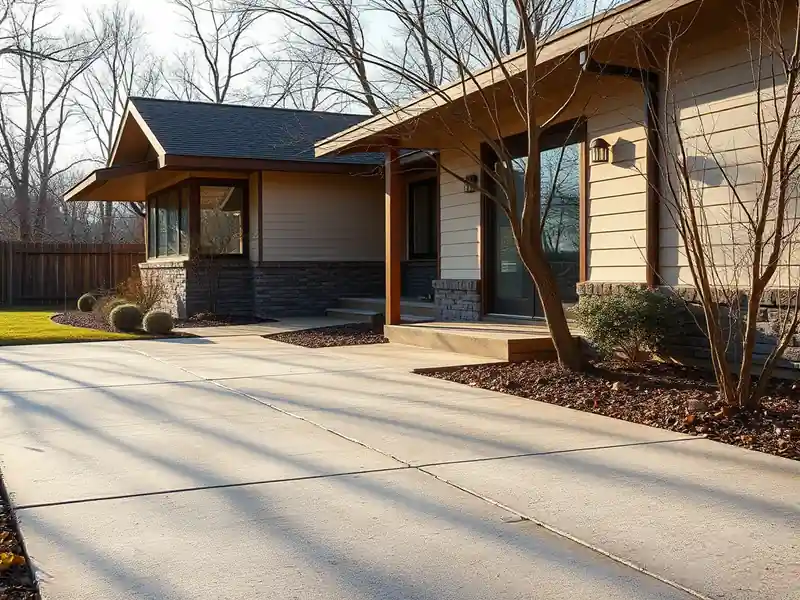 Illustration of close-up of materials and finishes of poured concrete driveway beside a house in a 1953-era home