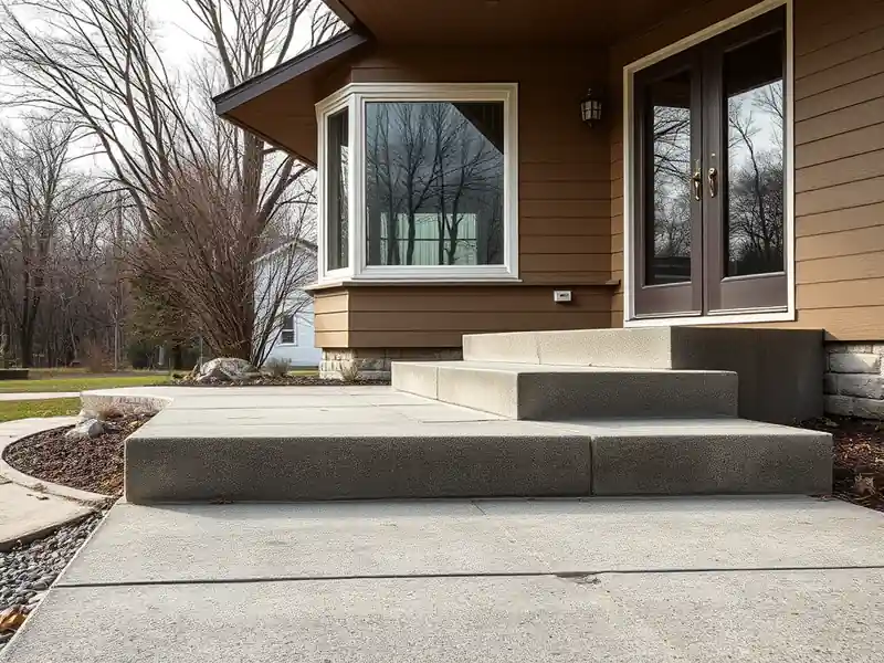 Illustration of close-up of materials and finishes of poured concrete driveway beside a house in a 1953-era home