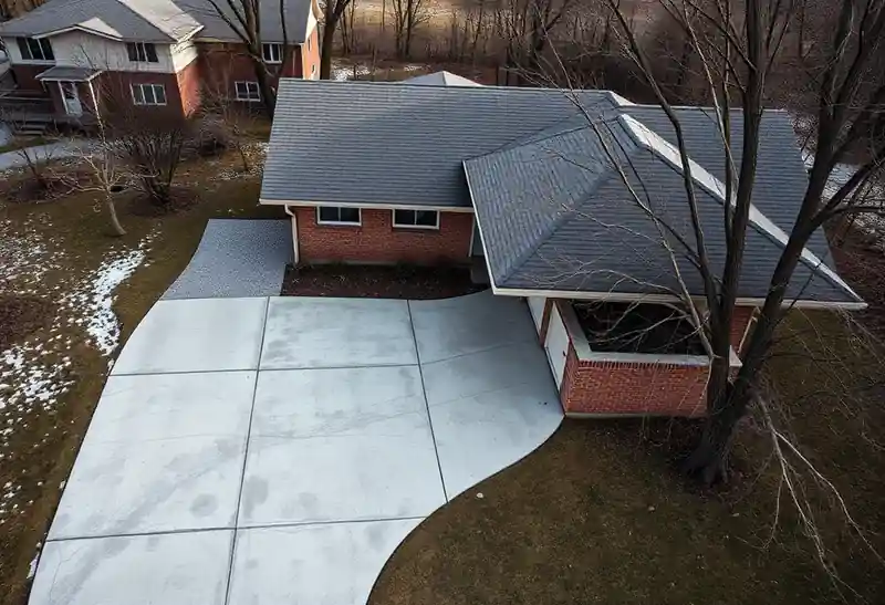 Illustration of poured concrete driveway beside a house in a 1953-era home