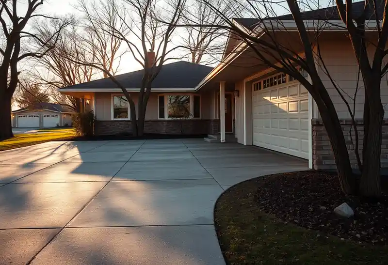 Illustration of poured concrete driveway beside a house in a 1953-era home