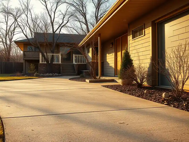 Illustration of close-up of materials and finishes of poured concrete driveway beside a house in a 1953-era home