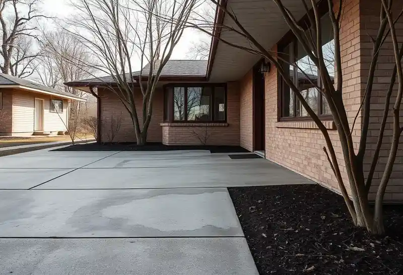 Illustration of poured concrete driveway beside a house, as found in 1953-era homes