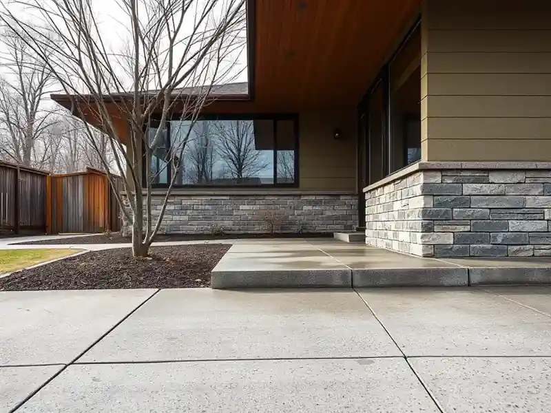 Illustration of close-up of materials and finishes of poured concrete driveway beside a house, as found h
