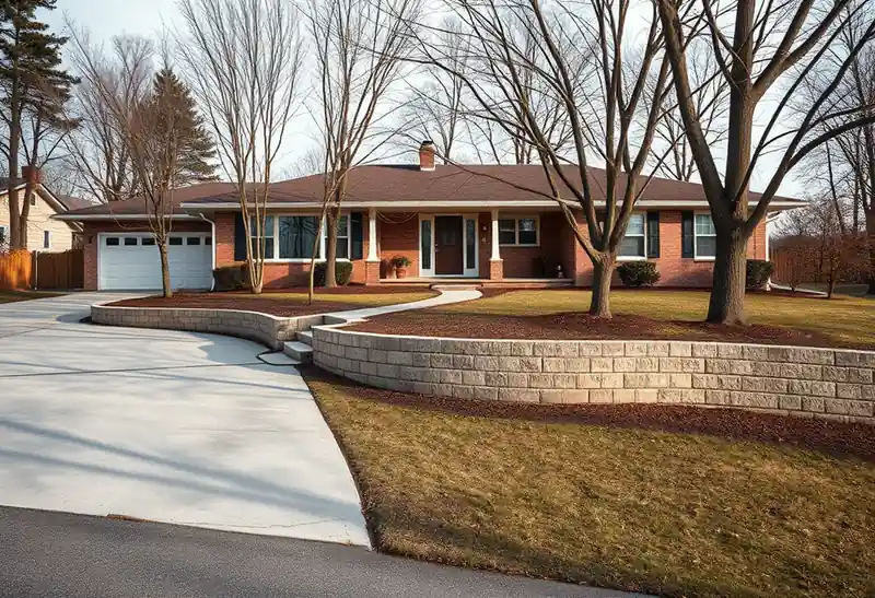 Illustration of poured concrete driveway beside a house in a 1953-era home