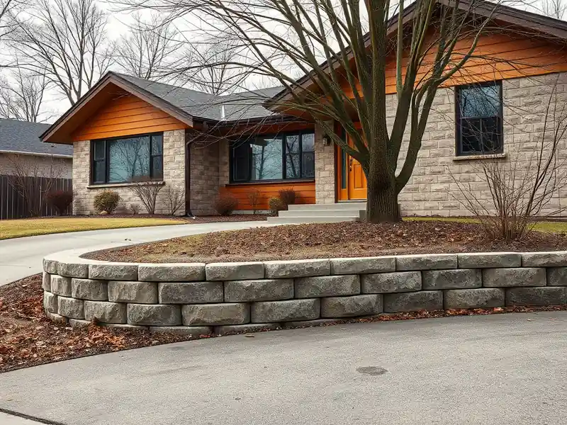 Illustration of close-up of materials and finishes of poured concrete driveway beside a house in a 1953-era home