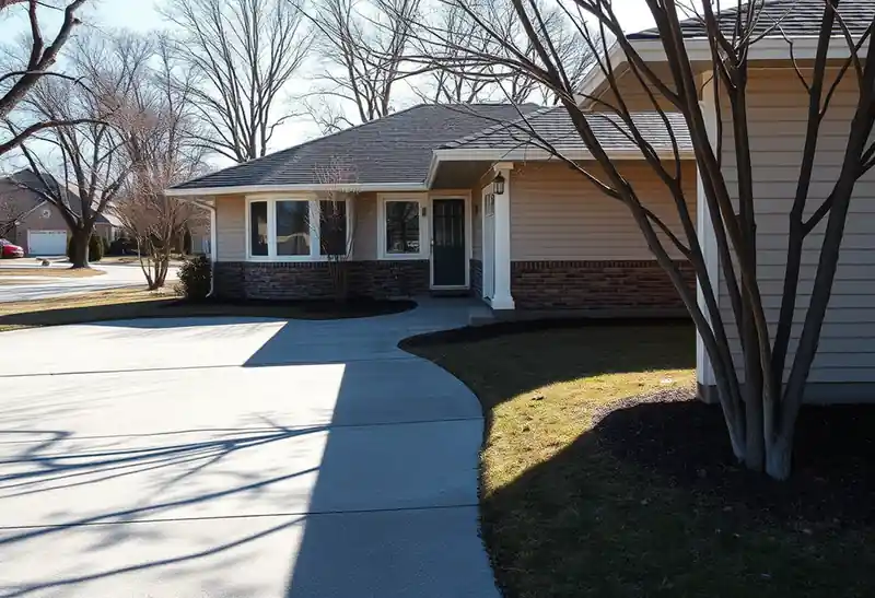 Illustration of poured concrete driveway beside a house in a 1953-era home