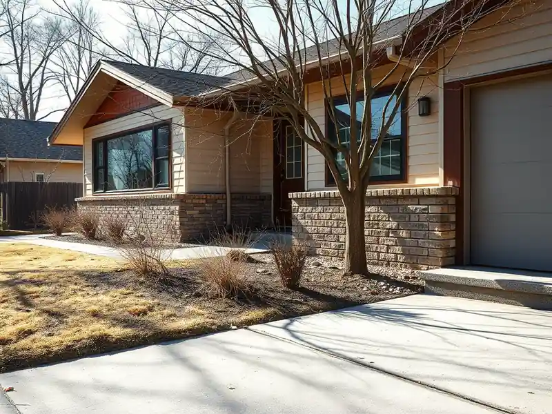 Illustration of close-up of materials and finishes of poured concrete driveway beside a house in a 1953-era home
